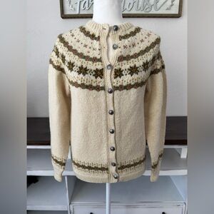 Vintage Foldal A/S HandKnit Fair Isle 100% Wool Cardigan Sweater Nordic S 3